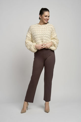 Ponte trouser with button feature in Chestnut