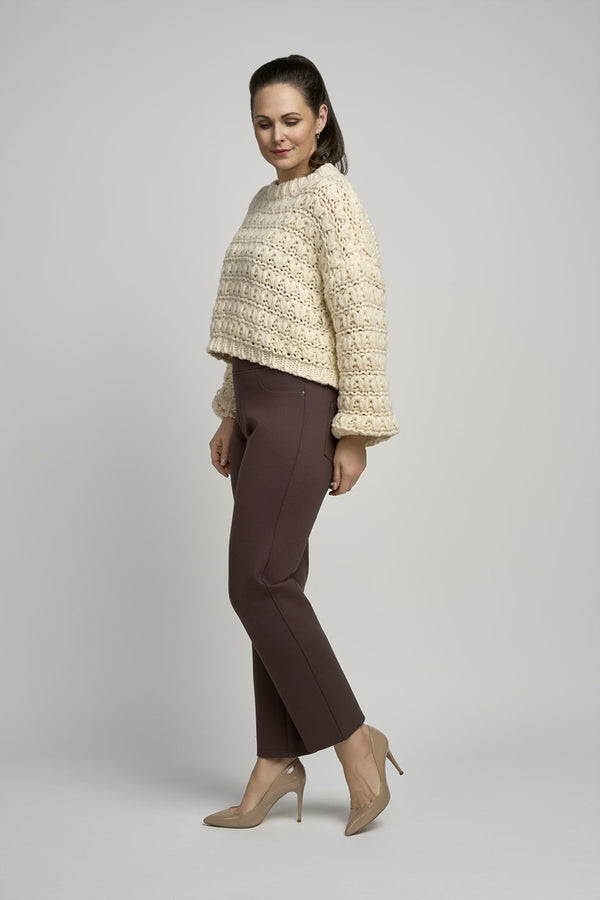 Ponte trouser with button feature in Chestnut