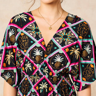 Pineapple Print Maxi Kaftan Dress in Black: Large (UK 16-18)