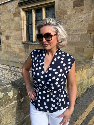 Georgette Dot Print Wrap Peplum Top With Gold Buttons