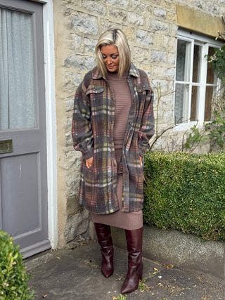 Elle Long Fleece Jacket - Bison Plaid