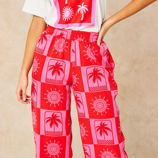 Sun & Palm Tree Wide Leg Trousers in Hot Pink