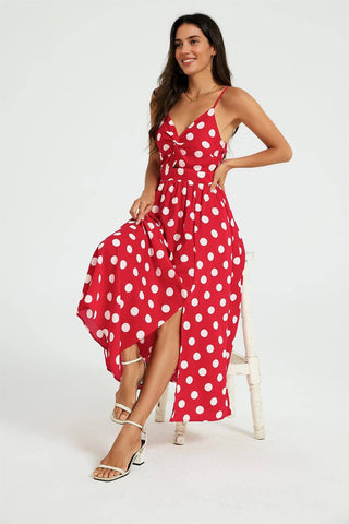 Dot Print Knot Front Midi Dress In Red