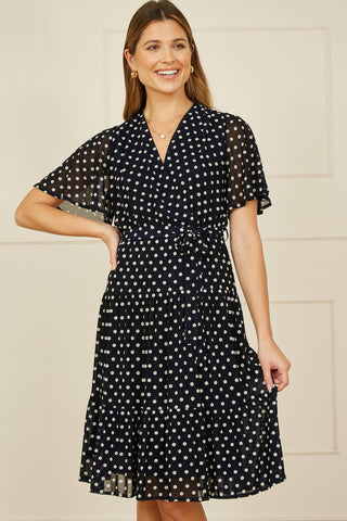 Yumi Navy Dot Print Mesh Stretch Midi Skater Dress: Navy