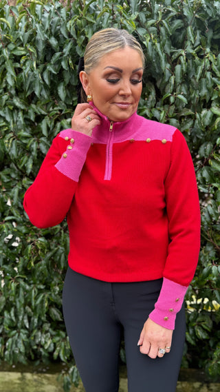 Gold Button 1/4 Zip Jumper Cerise & Red