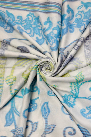 Ombre Floral Print Cotton Frayed Scarf: Cream