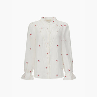 Floral Long Sleeve Double Gauze Cotton Shirt in White