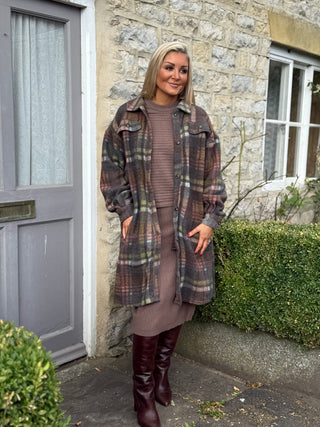 Elle Long Fleece Jacket - Bison Plaid