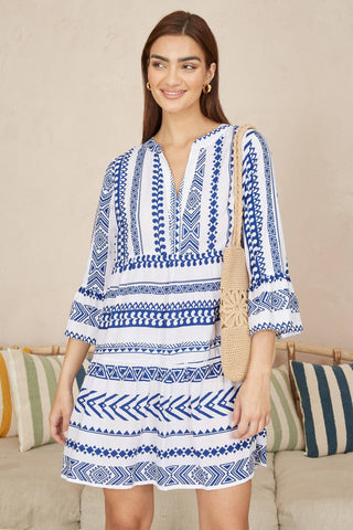 Yumi Blue Tencel Geo Stripe Print Beach Tunic