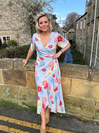 FLORAL PRINT WRAP SS FRILL DRESS