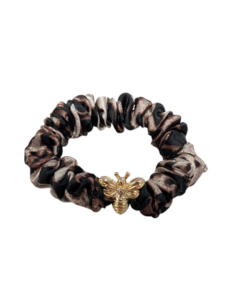 Satin Scrunchie with Gold Bee Charm  Leopard
