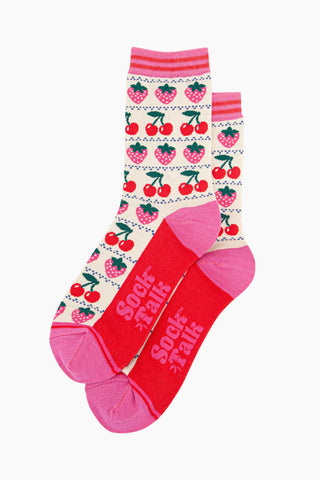 Women's Bamboo Socks - Cream, Strawberry Cherry Fair Isle