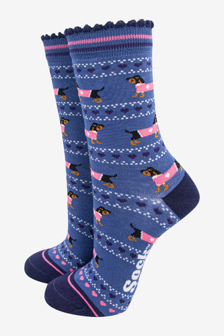 Women's Bamboo Socks - Denim Blue/Navy Blue, Sausage Dogs Fair Isle
