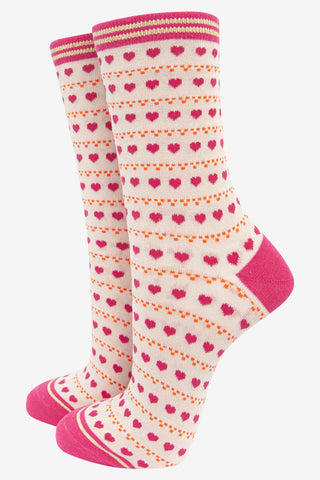 Women's Bamboo Socks - Cream/Pink, Hearts Dots