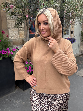 Tery Rib Neck Sweater With Snood Camel