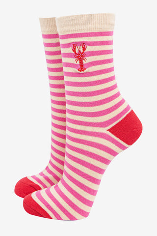 Women's Embroidered Ankle Socks- Red, Lobster Stripe
