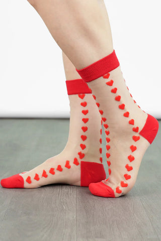 Women's Sheer Ankle Socks- Red, Heart