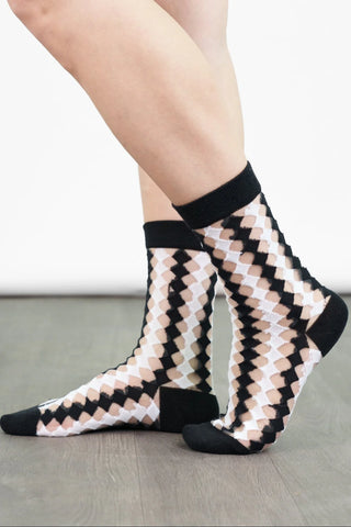 Women's Sheer Ankle Socks- Black/White, Diamond