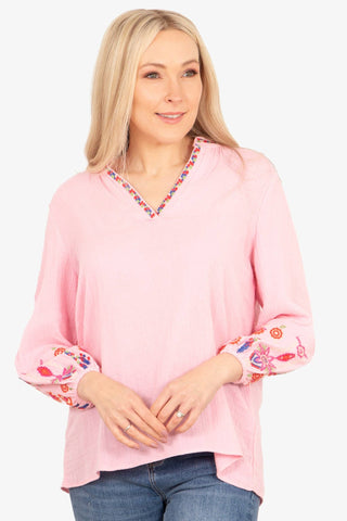Honey Long Sleeve Cotton Blouse - Pink, Floral Embroidery