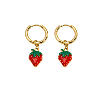Strawberry Charm Hoop Earring in Red & Gold