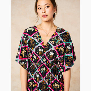 Pineapple Print Maxi Kaftan Dress in Black: Medium (UK 12-14)