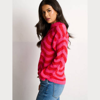 Wave Stripe Scalloped Italian Wool Blend Jumper in Pink/Red: One-size