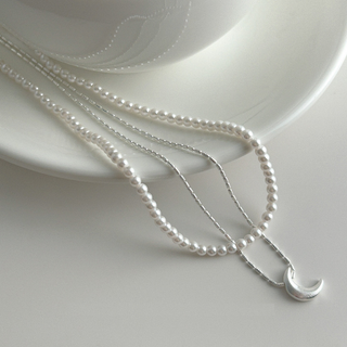 Double Layer Pearl and Brushed Moon Necklace in Silver