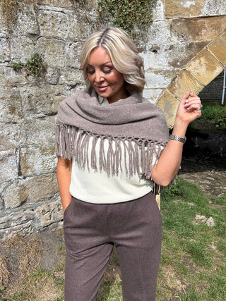 Fringed wool shawl - DEEP TAUPE