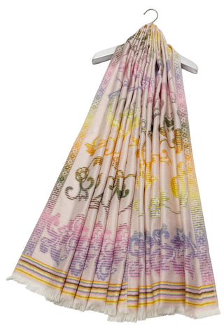 Ombre Floral Print Cotton Frayed Scarf: Cream