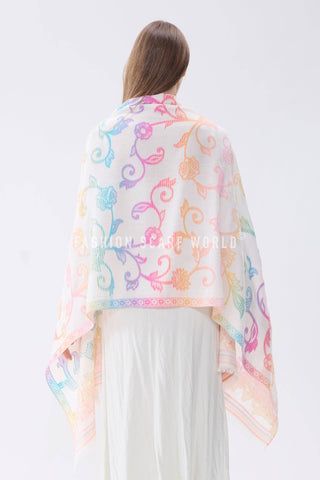 Ombre Floral Print Cotton Frayed Scarf: Cream