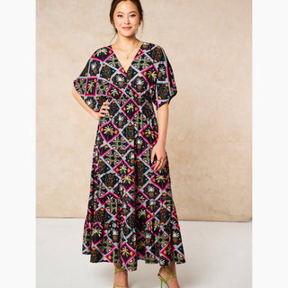 Pineapple Print Maxi Kaftan Dress in Black: Small (UK 8-10)
