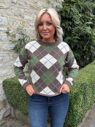 Wool yarn Argyle jumper - MARRON GLACE'