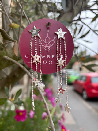 SILVER AND CZ STAR CHAIN DROP EARRINGS