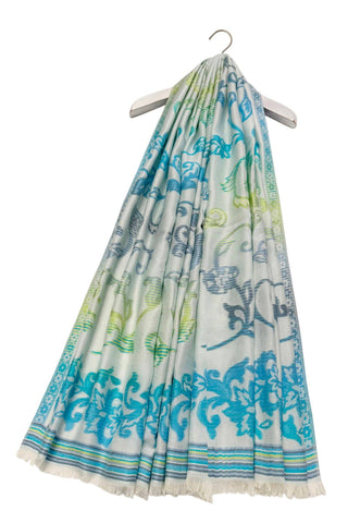 Ombre Floral Print Cotton Frayed Scarf: Cream
