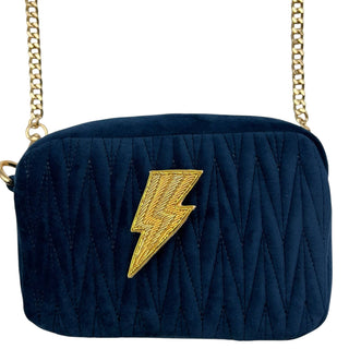 Velvet Rivington bag in blue with lightning bolt brooch