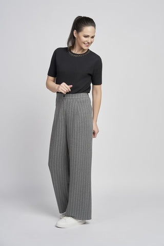 Wide Leg Wool Touch Trouser in Platinum Stripe