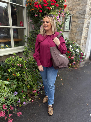 Cammie Long Sleeve Cotton Shirt in Berry with Pilgrim Collar