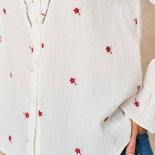 Floral Long Sleeve Double Gauze Cotton Shirt in White