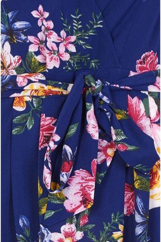 Mela Blue Floral Wrap Over Dipped Hem Midi Dress: Navy