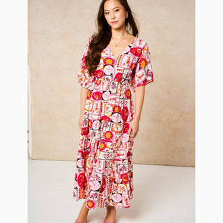 Postcard Print Maxi Kaftan Dress in Pink