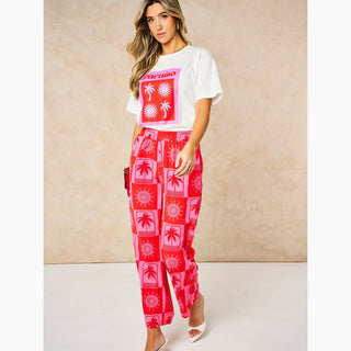 Sun & Palm Tree Wide Leg Trousers in Hot Pink
