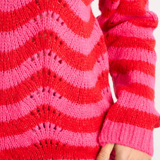Wave Stripe Scalloped Italian Wool Blend Jumper in Pink/Red: One-size