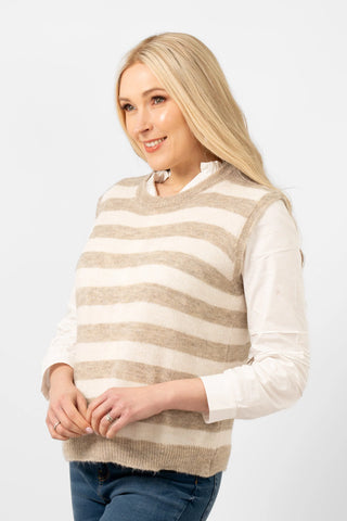 Peyton Wood Blend Round neck Tank Top Beige and Cream