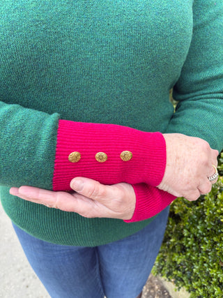 Gold Button 1/4 Zip Jumper Magenta & Forest Green