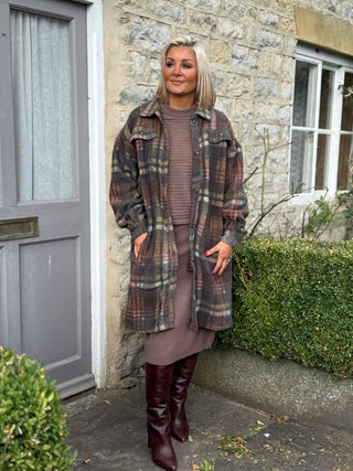 Elle Long Fleece Jacket - Bison Plaid