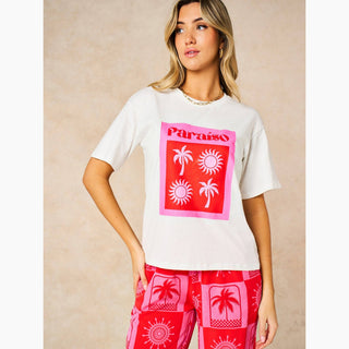 Paraiso Short Sleeve Cotton T-Shirt in White/Pink