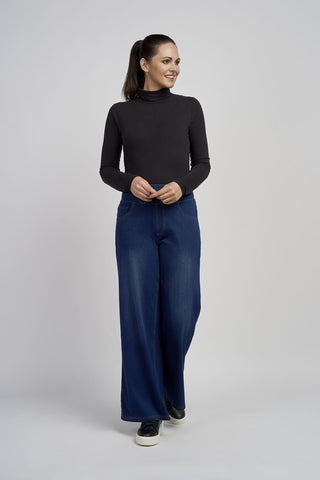 Wide leg super soft denim pull up jean in indigo