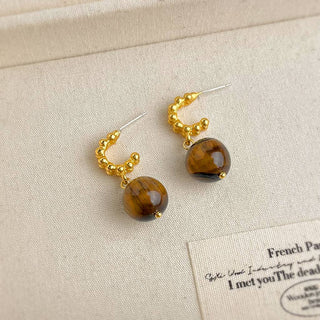 Natural Stone Sphere Drop Earring in Brown & Gold