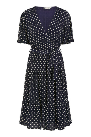 Yumi Navy Dot Print Mesh Stretch Midi Skater Dress: Navy