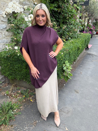 Theo Asymetric Knit Poncho Eggplant
